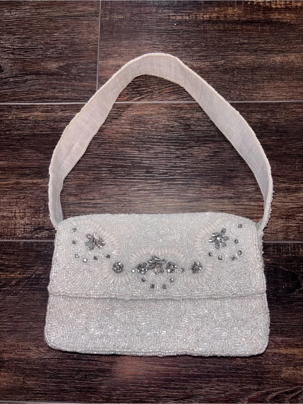 Embellished White Beaded Shoulder Bag